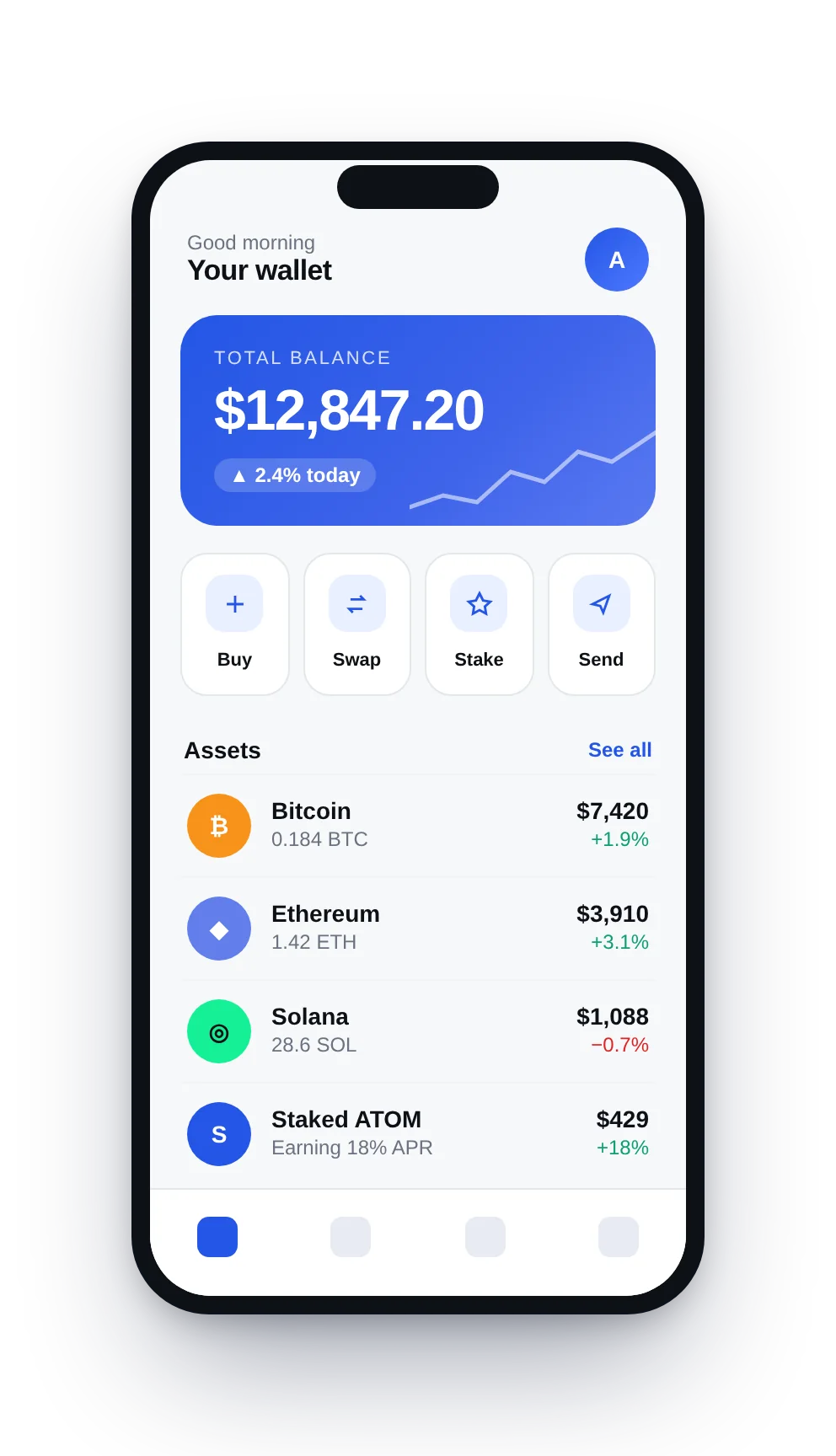Concept Atomic Wallet mobile app showing a non-custodial balance with buy, swap and stake actions